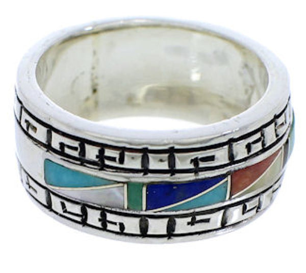 Southwestern Silver Multicolor Inlay Ring Size 7-3/4 WX36386